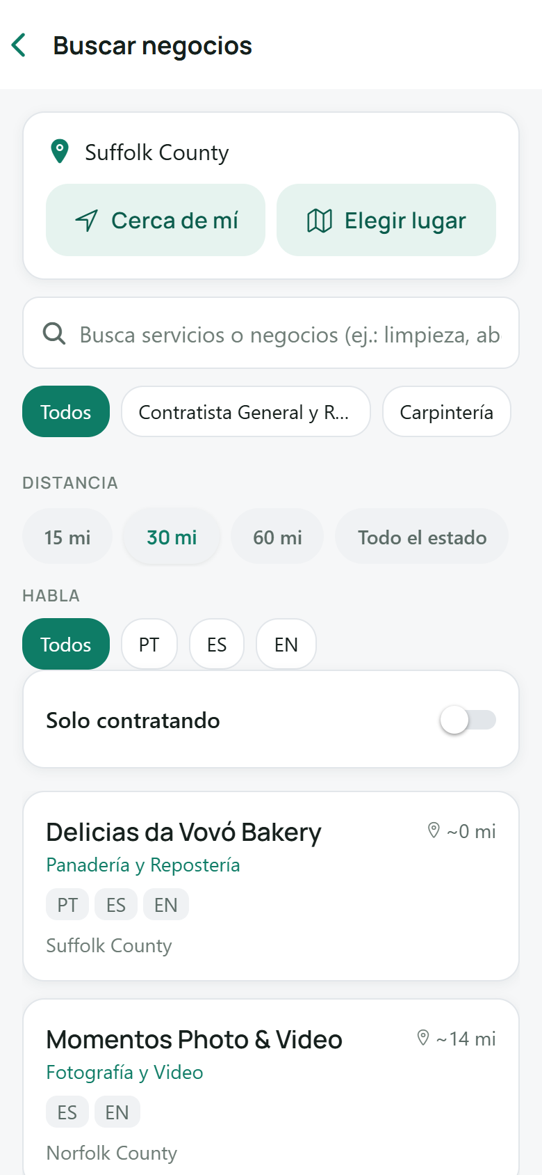 Pantalla del directorio de negocios de Ganavo: búsqueda de negocios locales por servicio, distancia e idioma — español, portugués, inglés