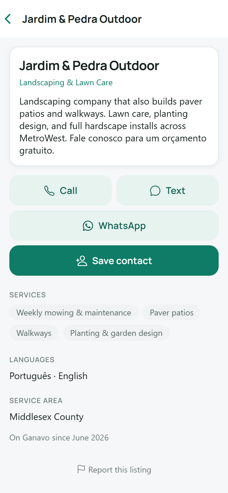 Ganavo business profile page of a landscaping company, showing services, languages spoken, and call, message, and WhatsApp contact buttons