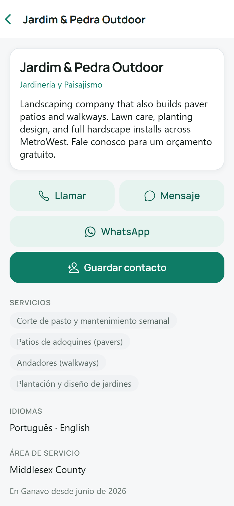 Perfil de negocio en Ganavo de una empresa de paisajismo, con servicios, idiomas y botones de llamar, mensaje y WhatsApp