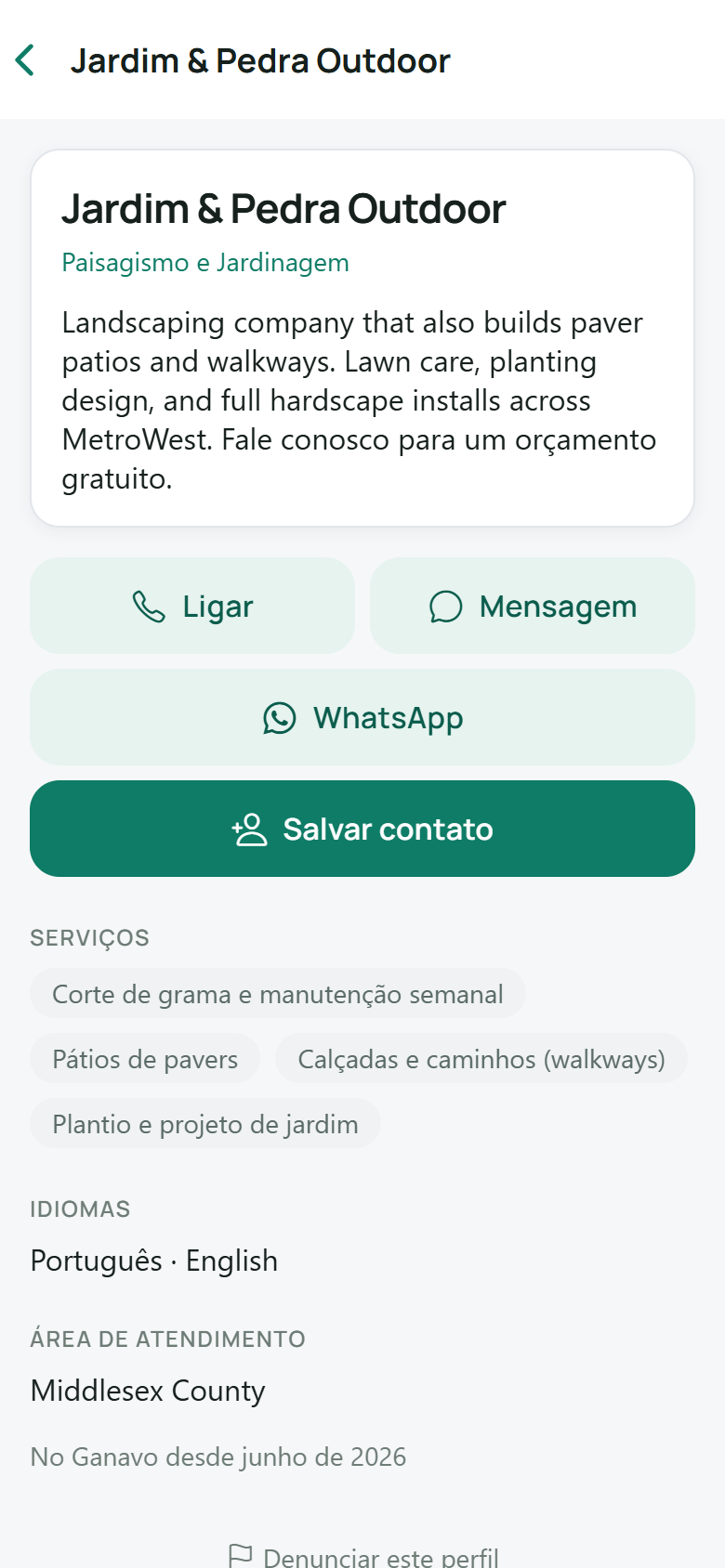 Perfil de negócio no Ganavo de uma empresa de paisagismo, com serviços, idiomas falados e botões de ligar, mensagem e WhatsApp