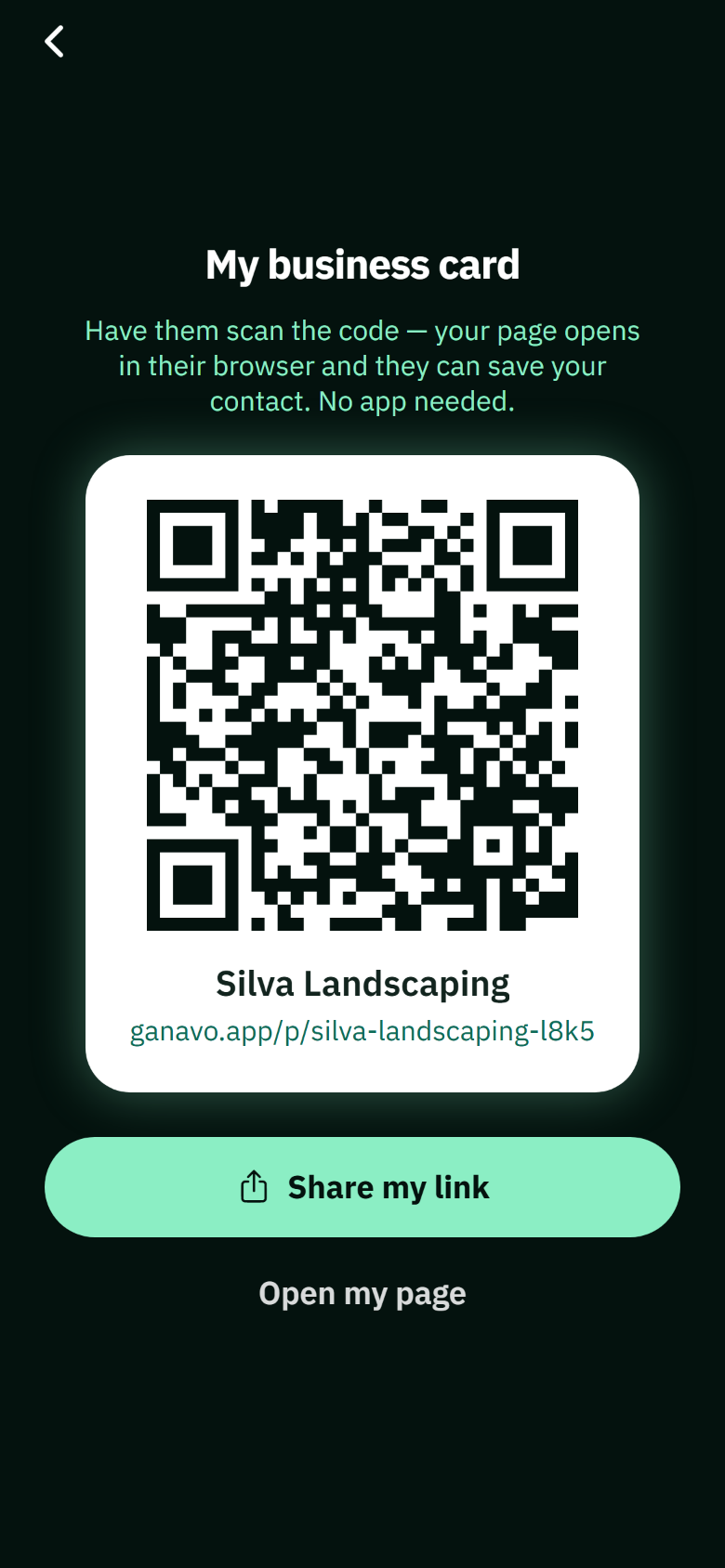 Ganavo app screen showing the digital business card and QR code of a landscaping company