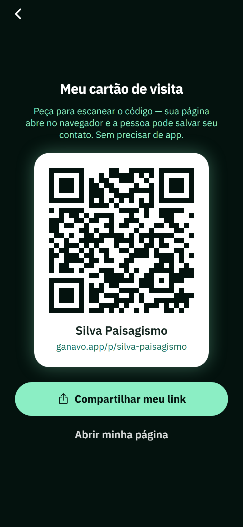 Tela do app Ganavo mostrando o cartão de visita digital e o código QR de uma empresa de paisagismo