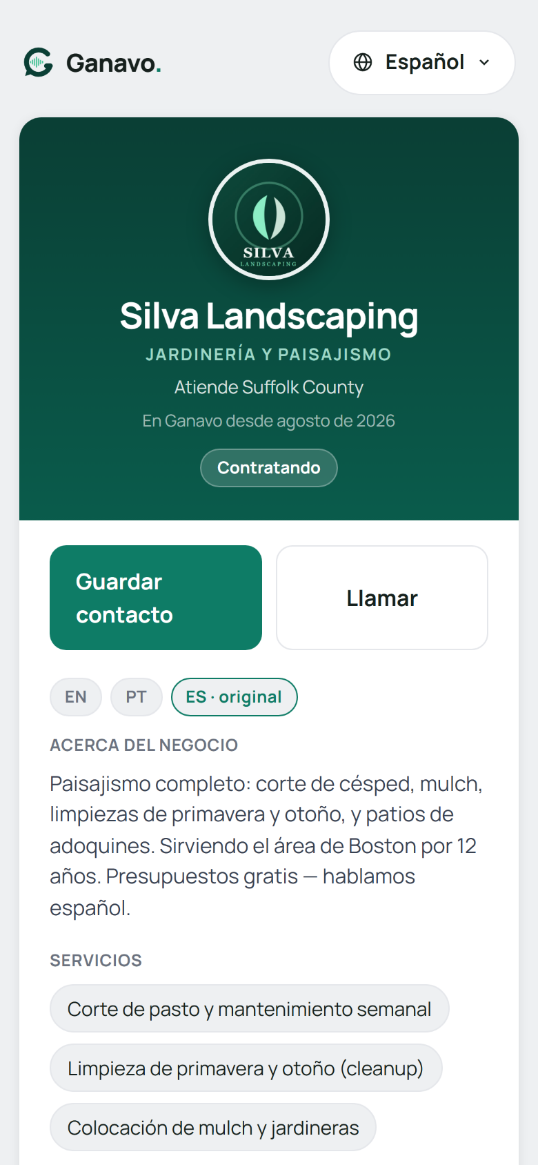 Página pública del negocio abierta en el navegador tras escanear el código QR
