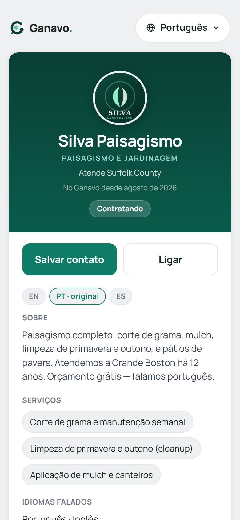 Página pública da empresa aberta no navegador depois de escanear o código QR