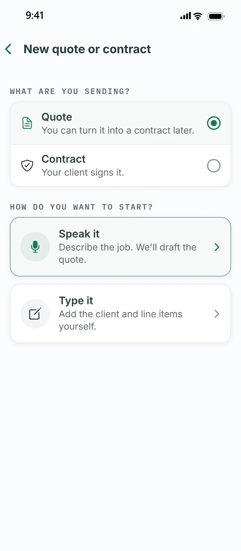 Choosing between a quote and a contract in Ganavo