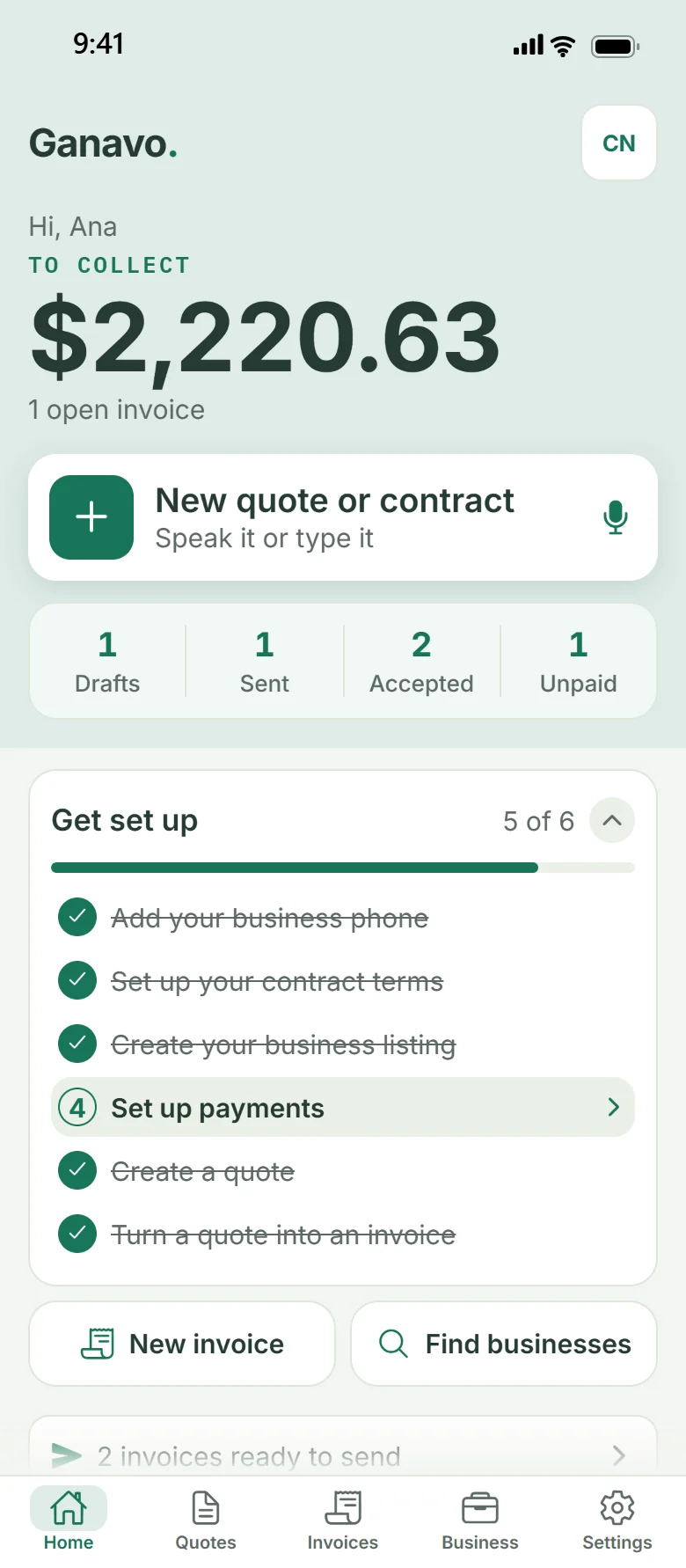 Ganavo home screen in English