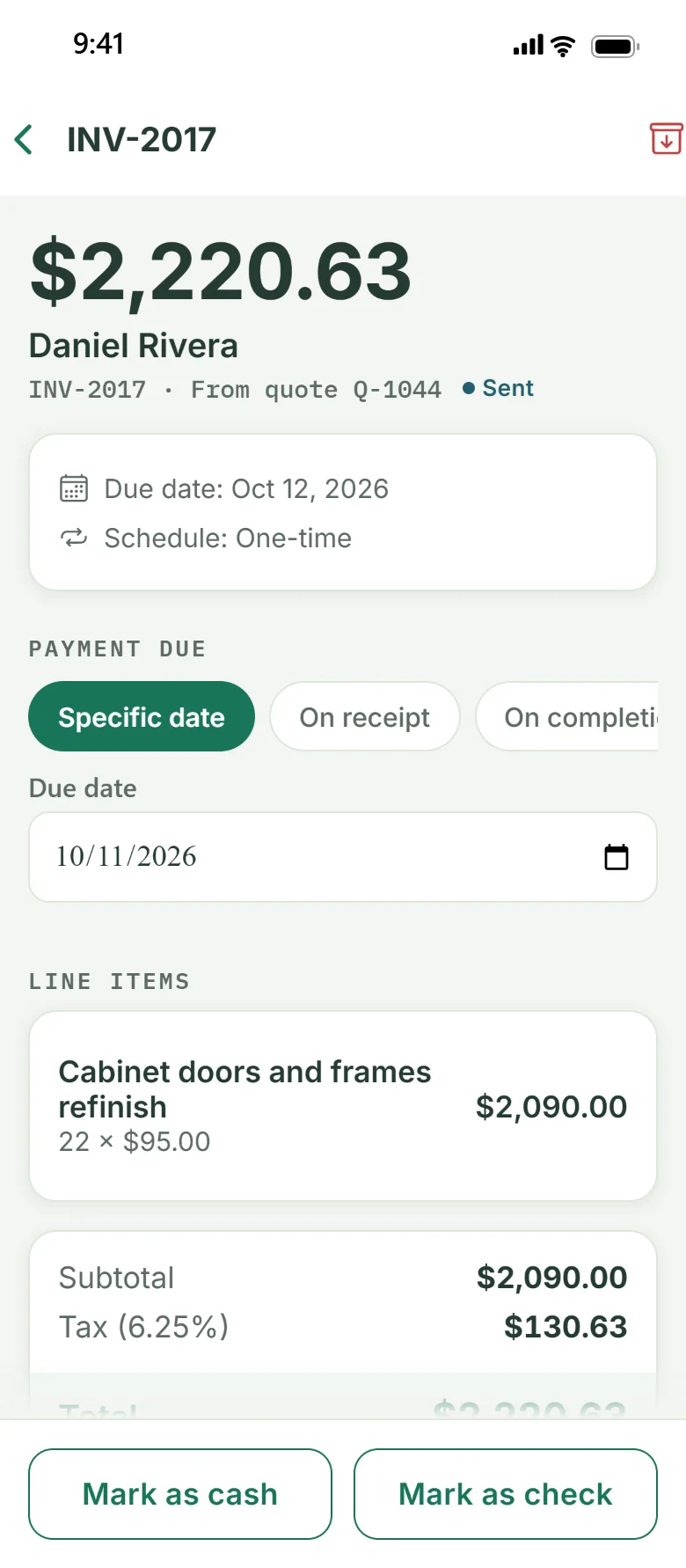 An invoice in Ganavo for Daniel Rivera, $2,220.63