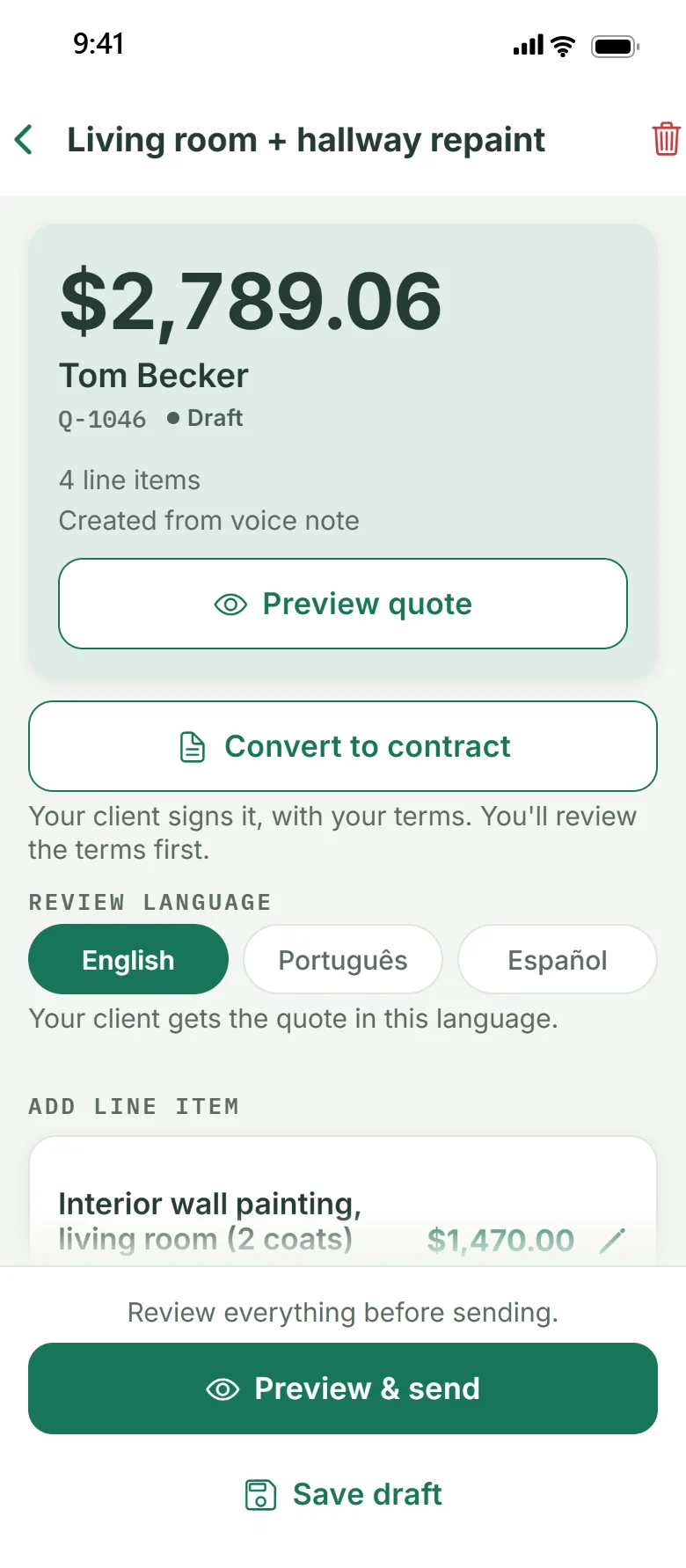 A quote in Ganavo for Tom Becker: four line items, $2,789.06
