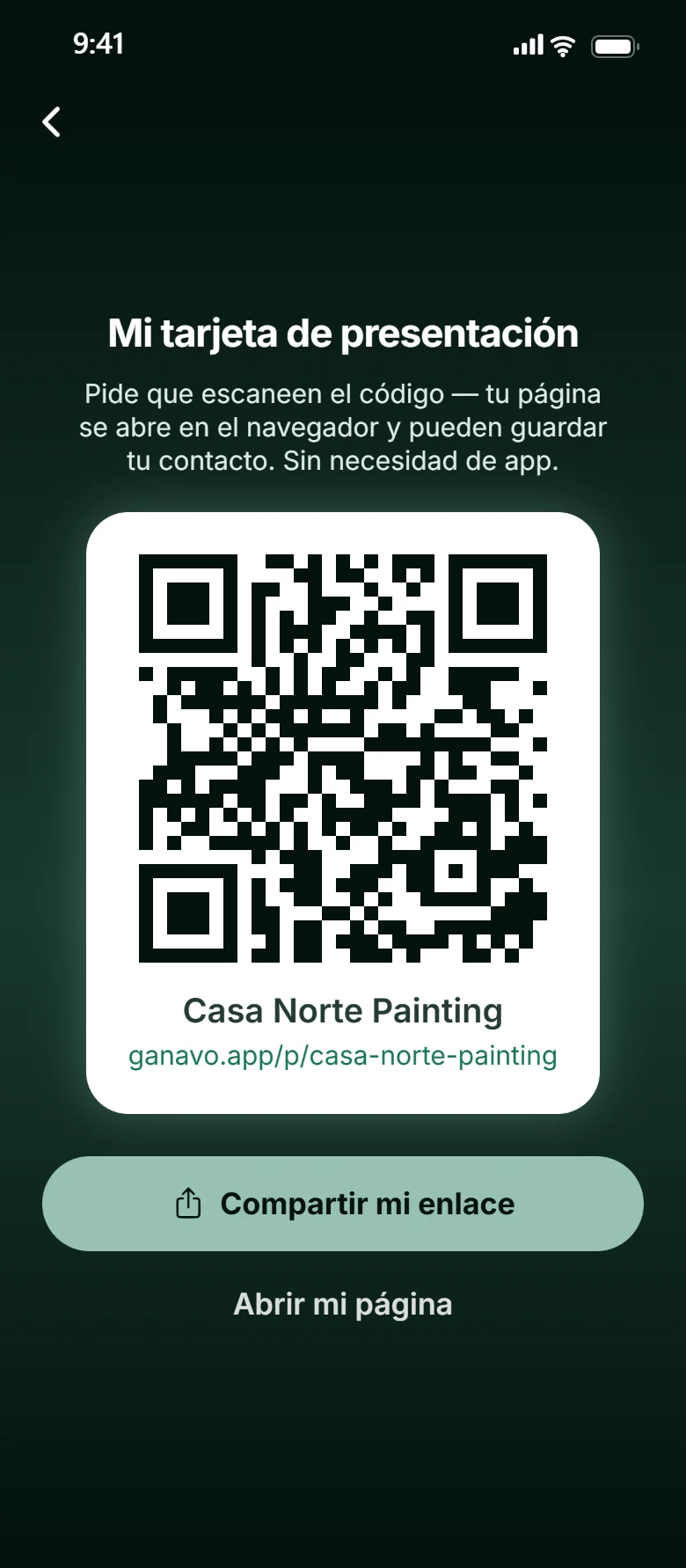 Una tarjeta de presentación con QR en Ganavo