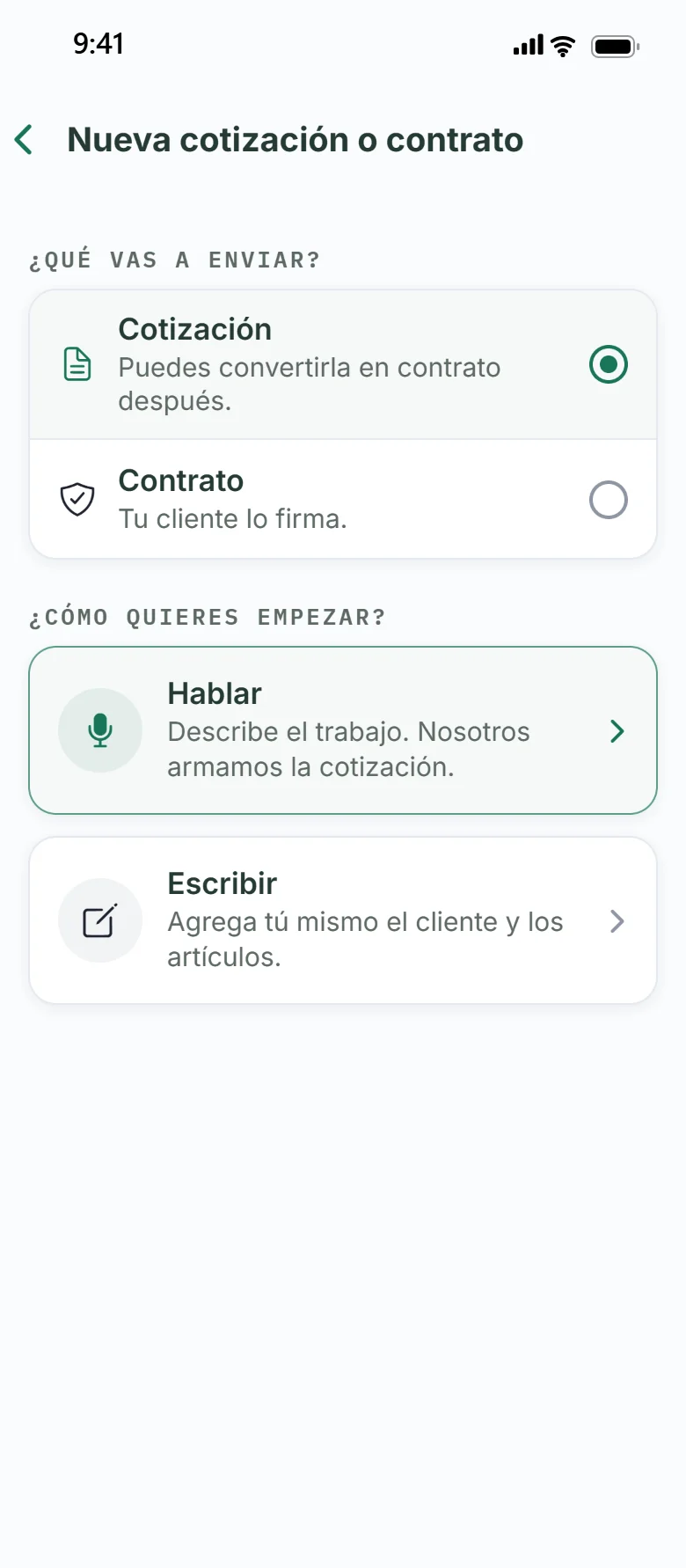 Eligiendo entre cotización y contrato en Ganavo