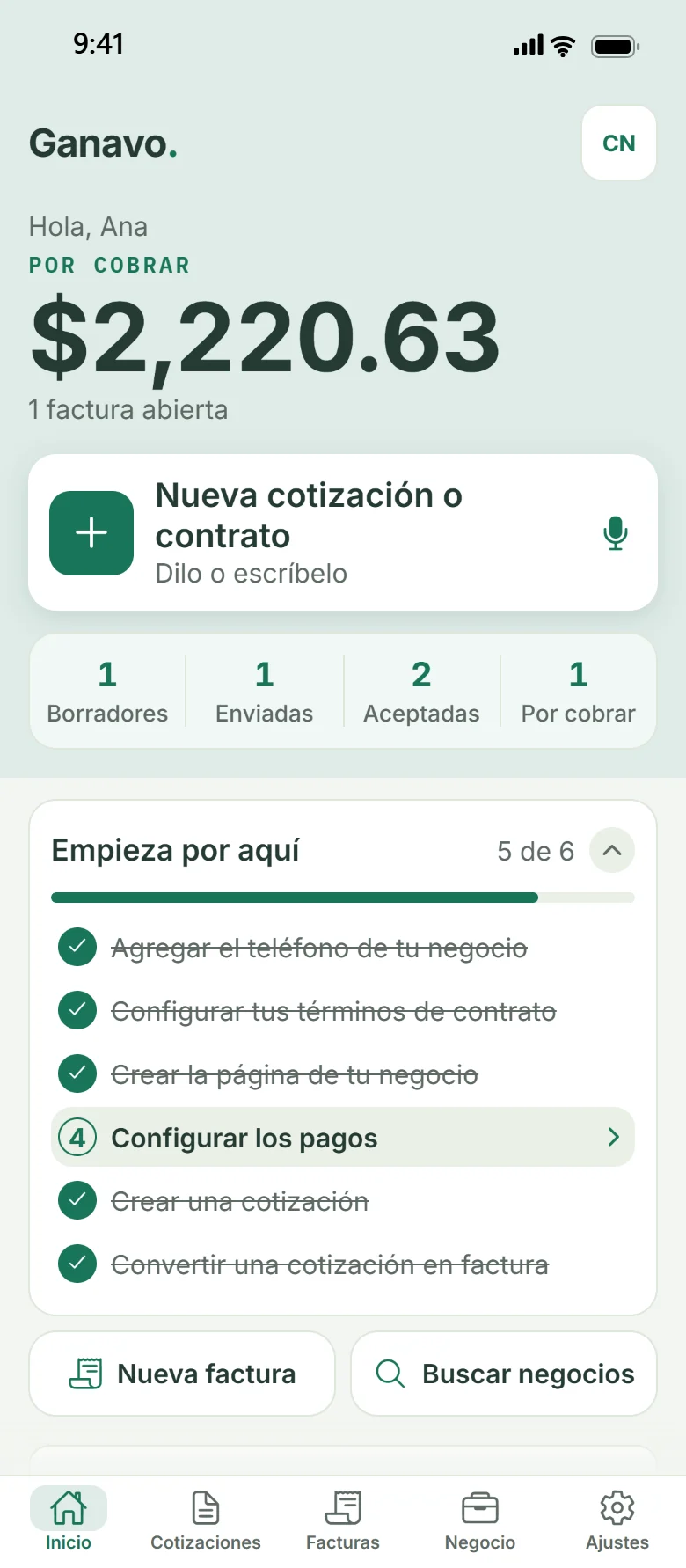 Ganavo home screen in Español