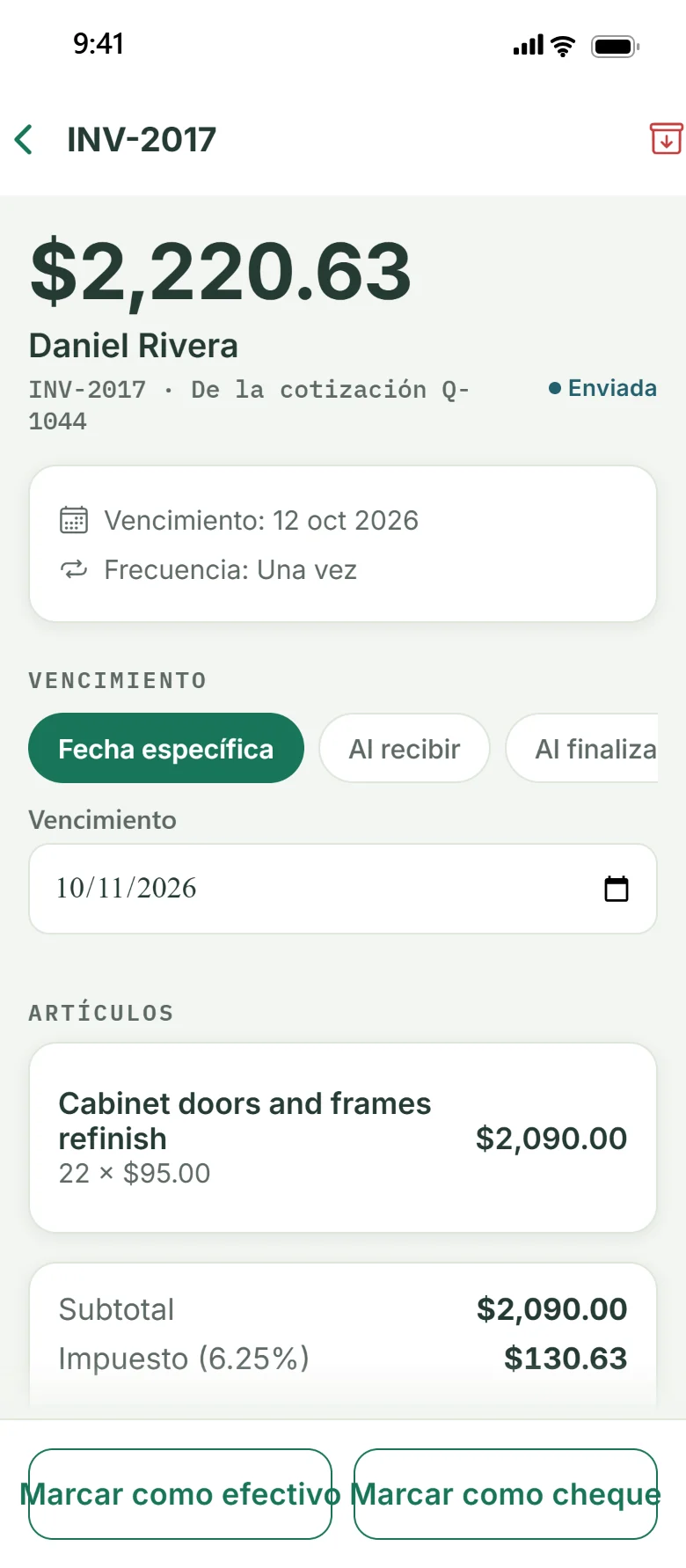 Una factura en Ganavo para Daniel Rivera, $2,220.63