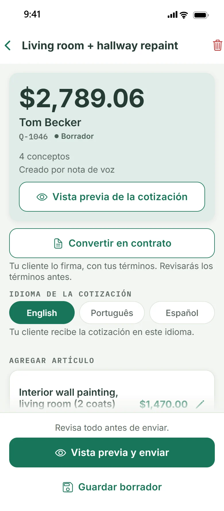 Una cotización en Ganavo para Tom Becker: cuatro conceptos, $2,789.06