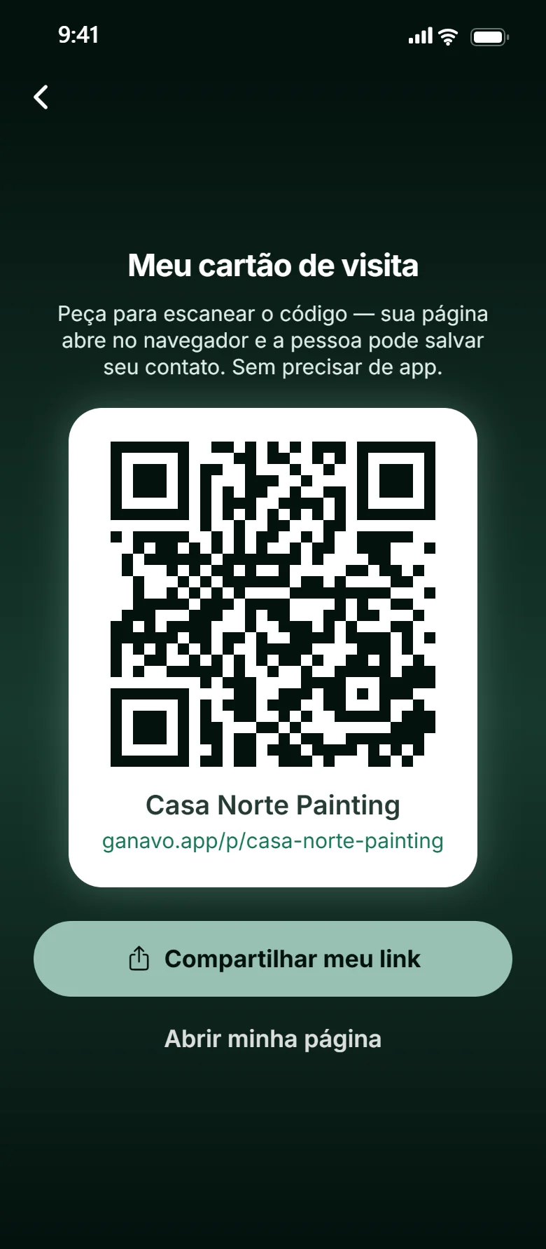 Um cartão de visita com QR no Ganavo