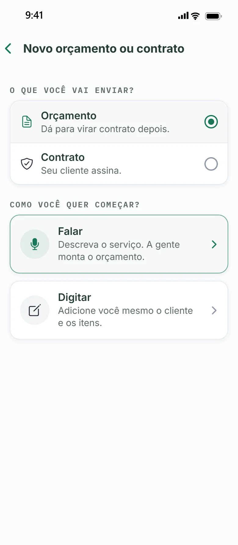Escolhendo entre orçamento e contrato no Ganavo