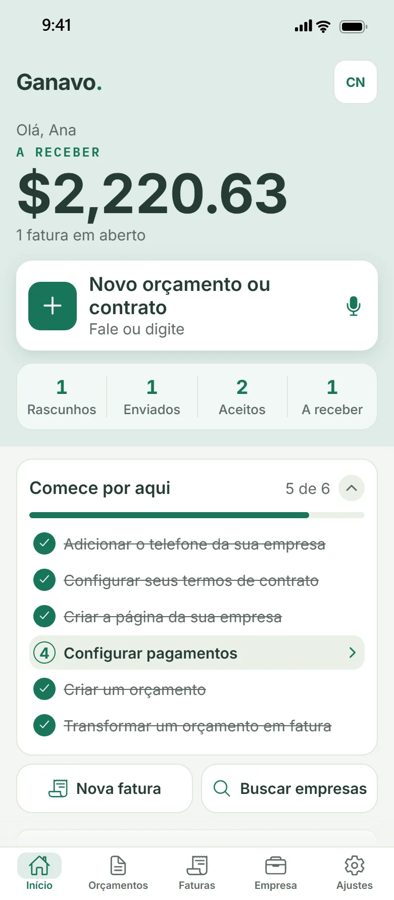 Ganavo home screen in Português
