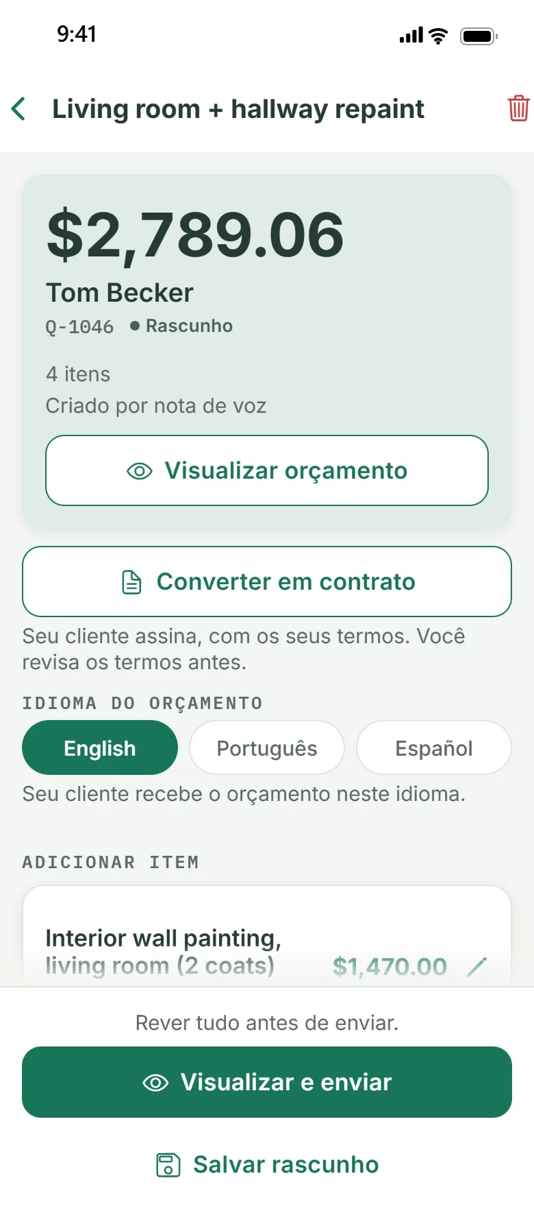 Um orçamento no Ganavo para Tom Becker: quatro itens, $2,789.06