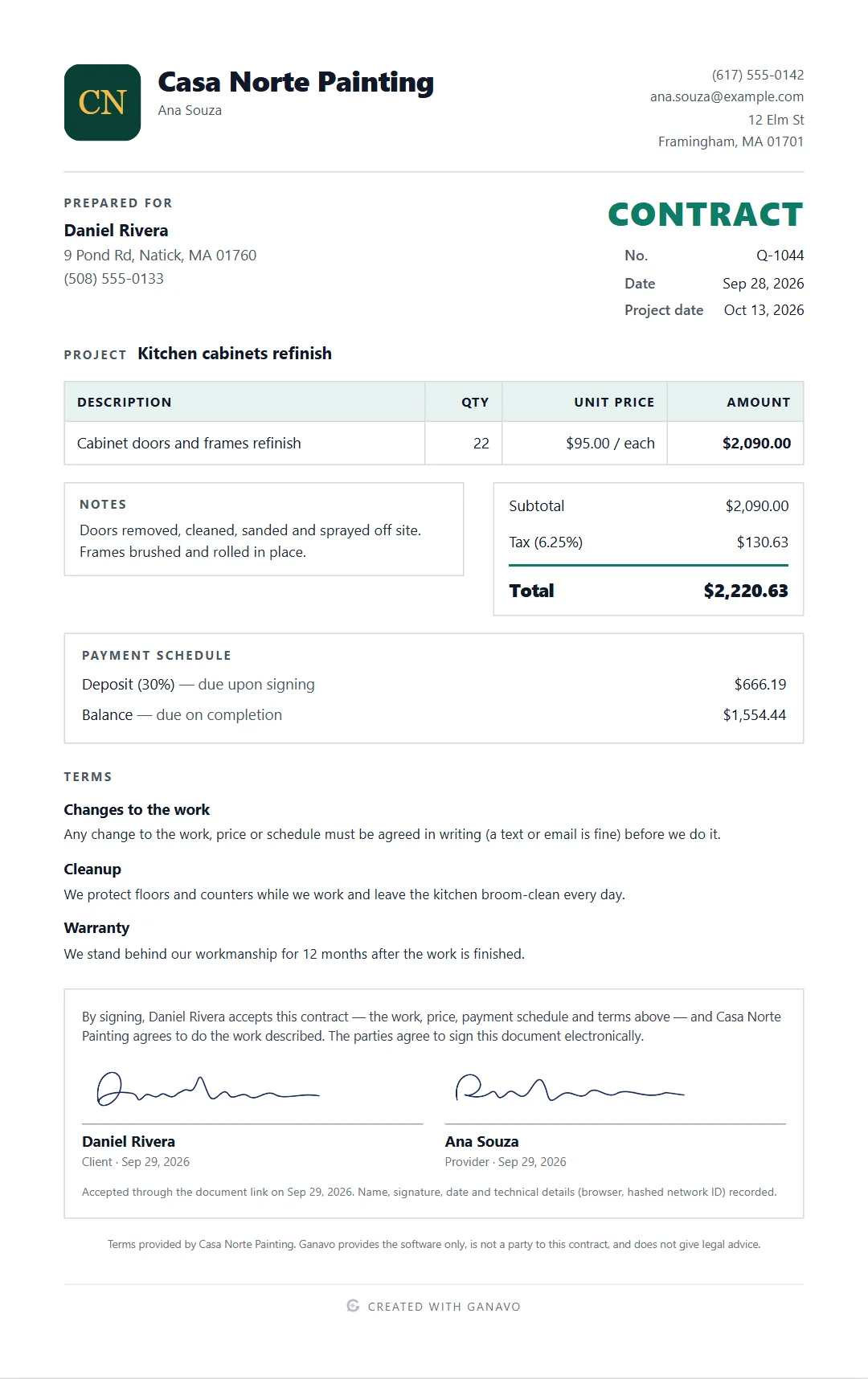 A signed contract from Casa Norte Painting with terms, a payment schedule and both signatures