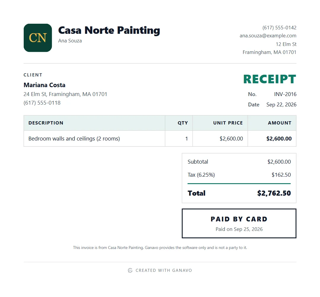 A receipt marked paid by card